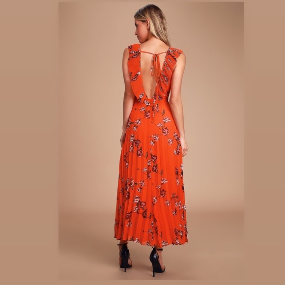 LULUS | Loved By You Red Orange Floral Print Long Pleated Chiffon Maxi Dress - Picture 12 of 13